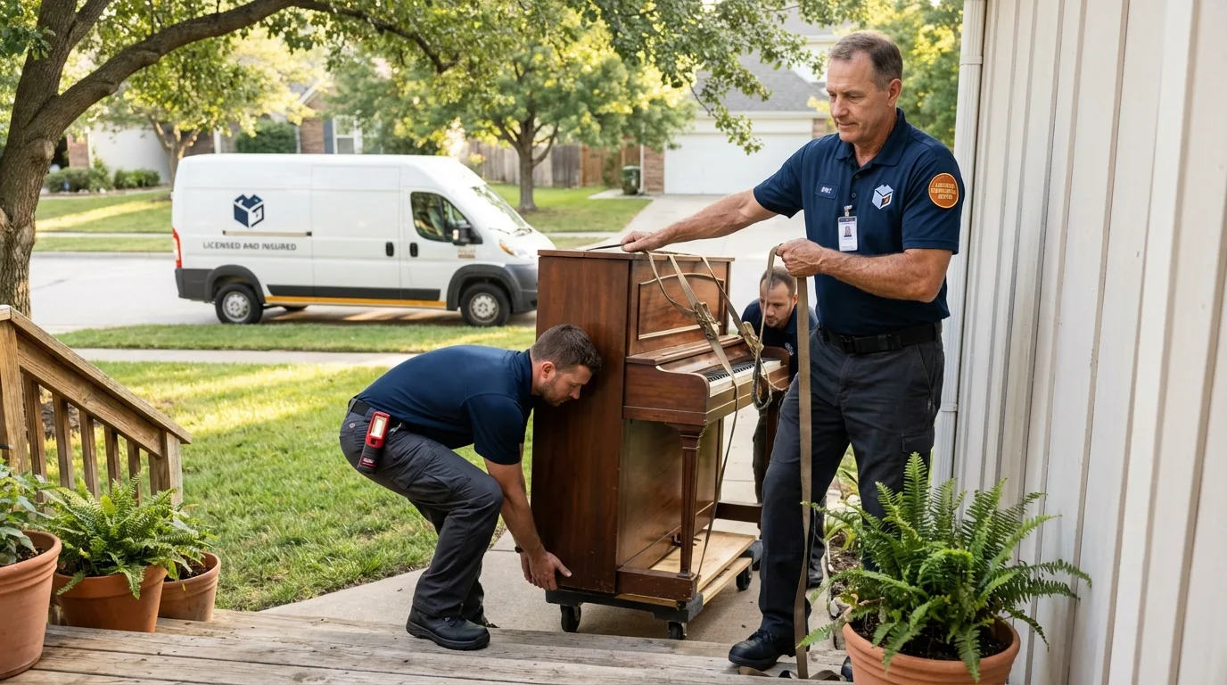 Licensed piano movers securing grand piano in Alexandria, KY