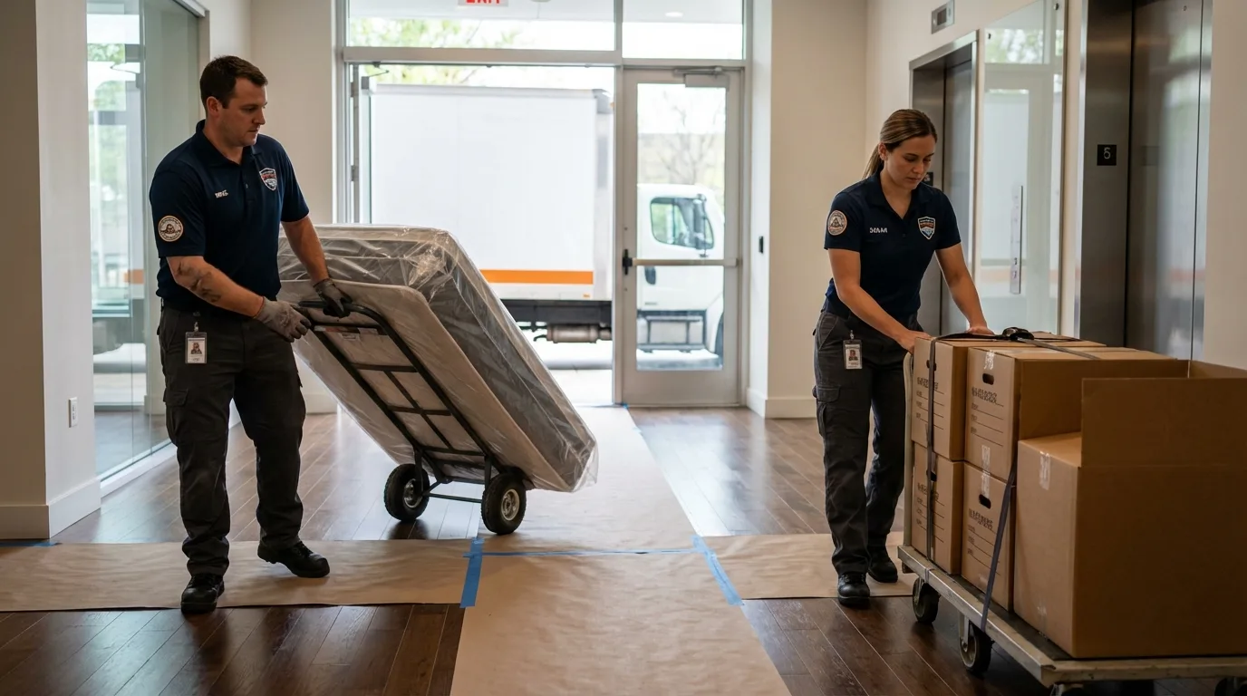 Professional apartment movers loading elevator in Alexandria, KY